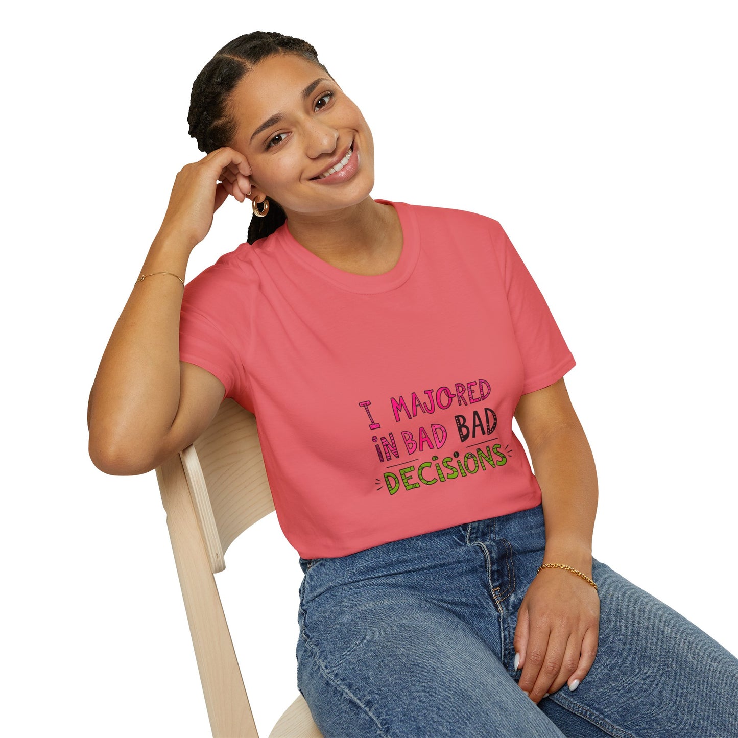 Funny Unisex Softstyle T-Shirt - "I Majored in Bad Decisions"