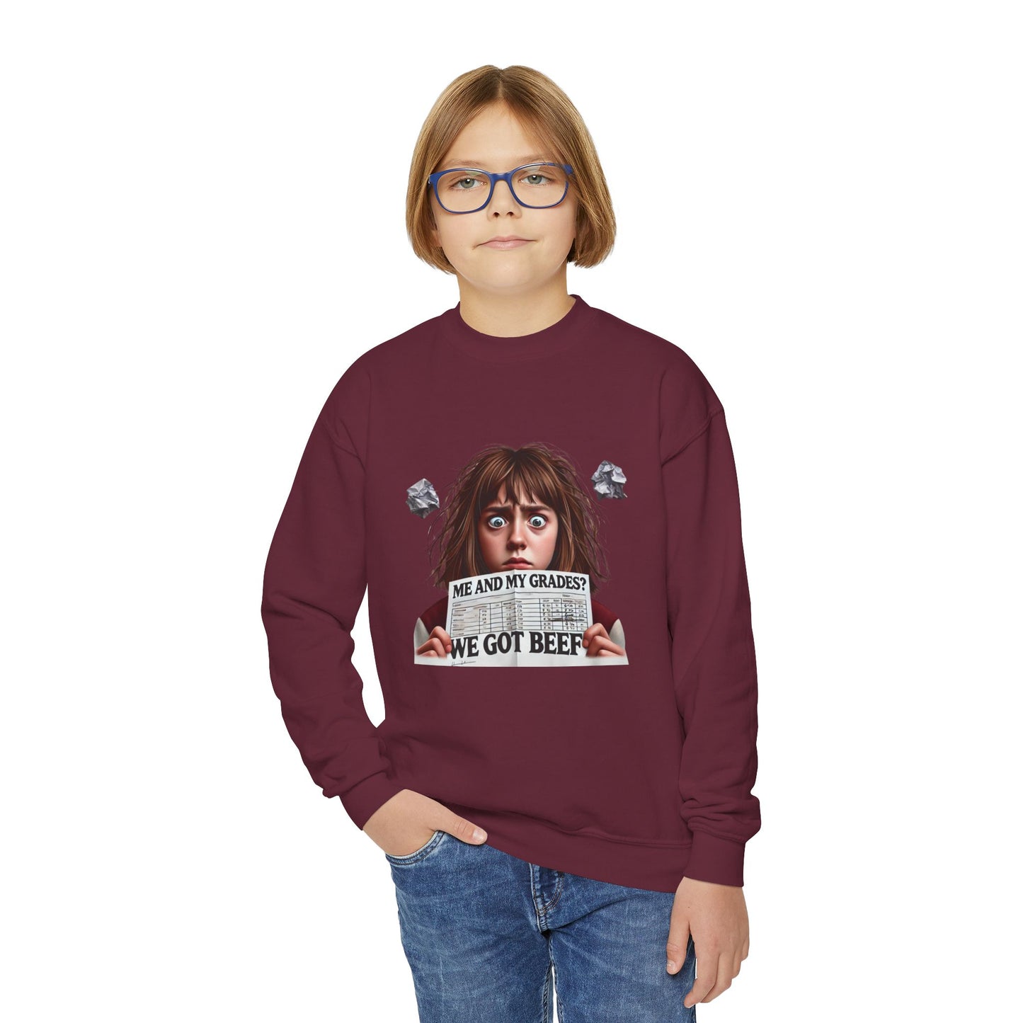 Funny Youth Crewneck Sweatshirt-Me and My Grades We Got Beef! (Design B)