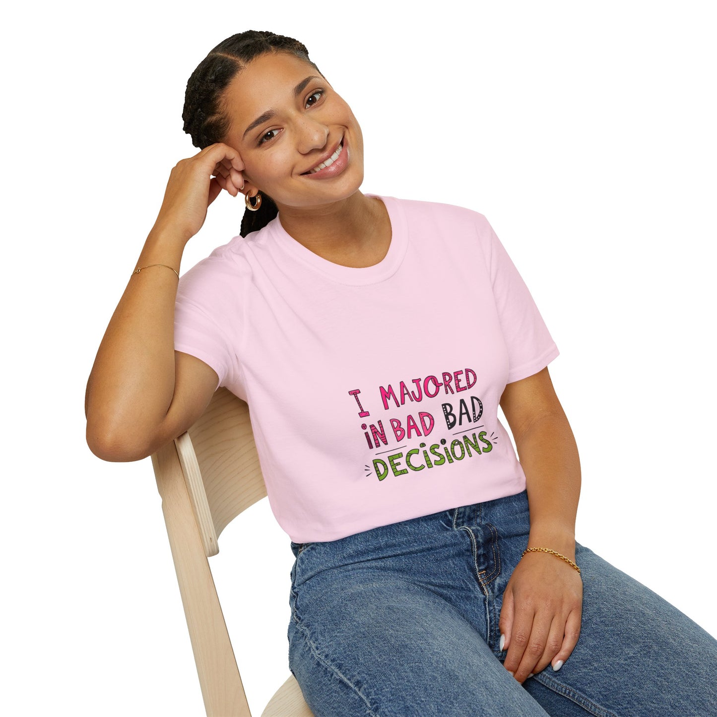 Funny Unisex Softstyle T-Shirt - "I Majored in Bad Decisions"