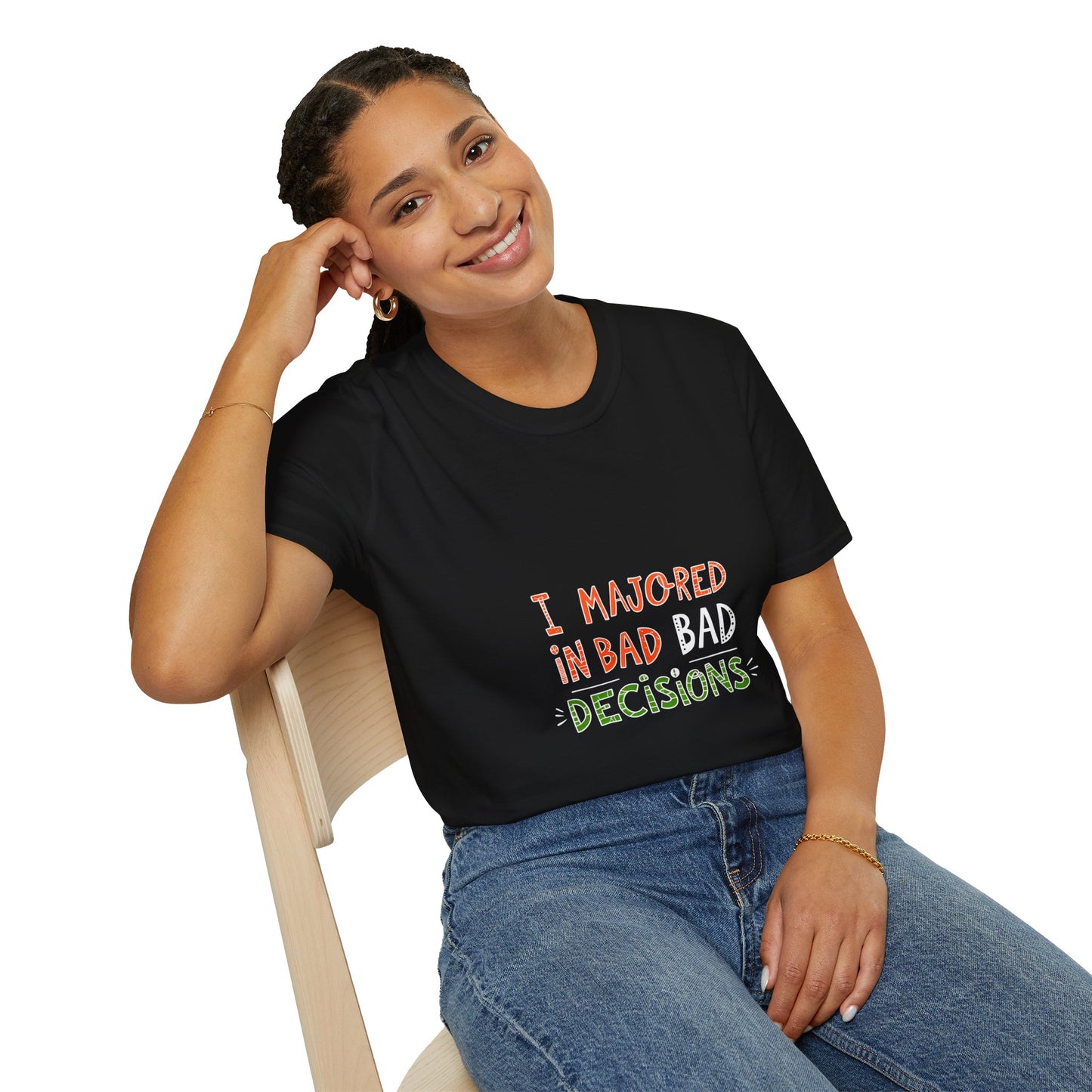 Funny Unisex Softstyle T-Shirt - "I Majored in Bad Decisions"