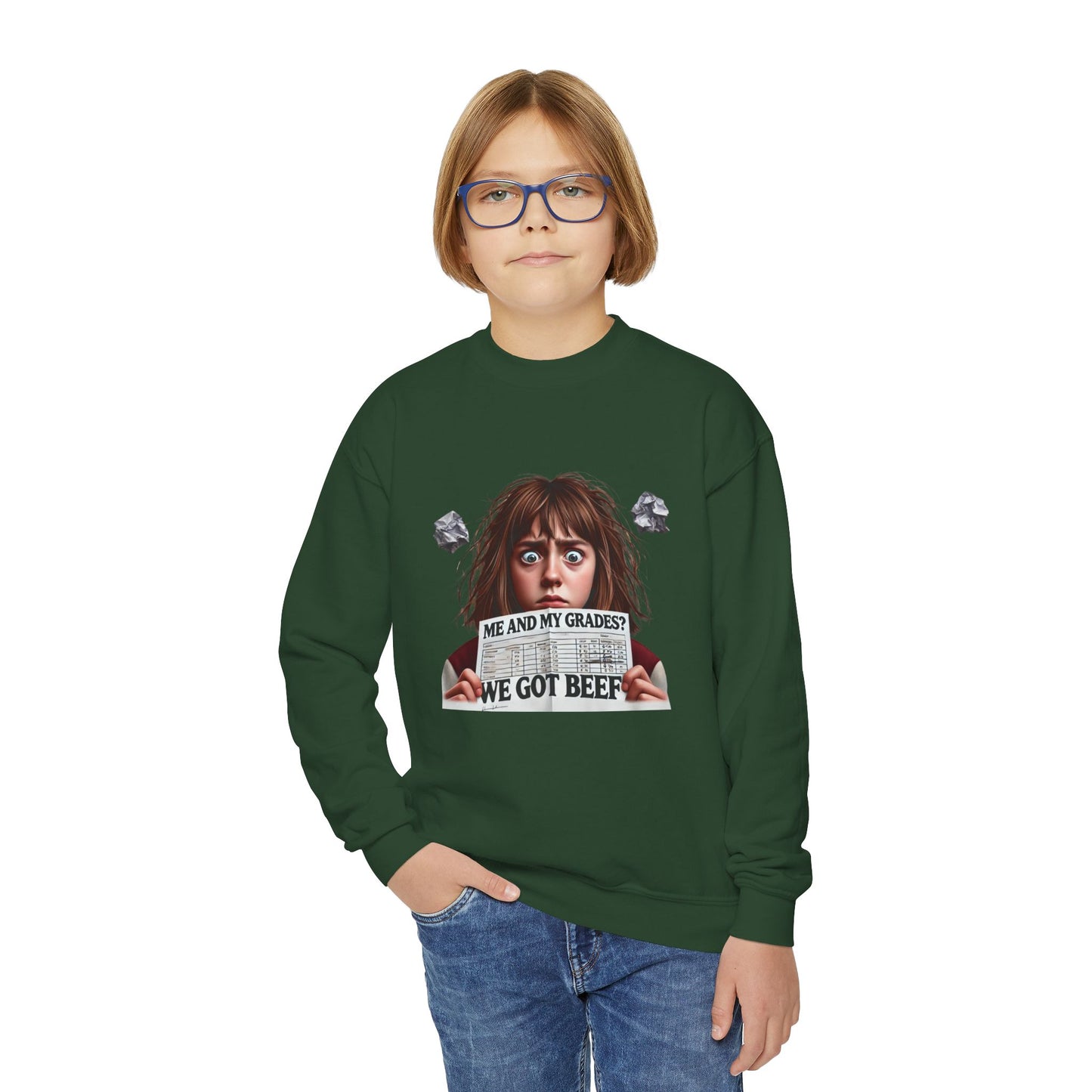 Funny Youth Crewneck Sweatshirt-Me and My Grades We Got Beef! (Design B)