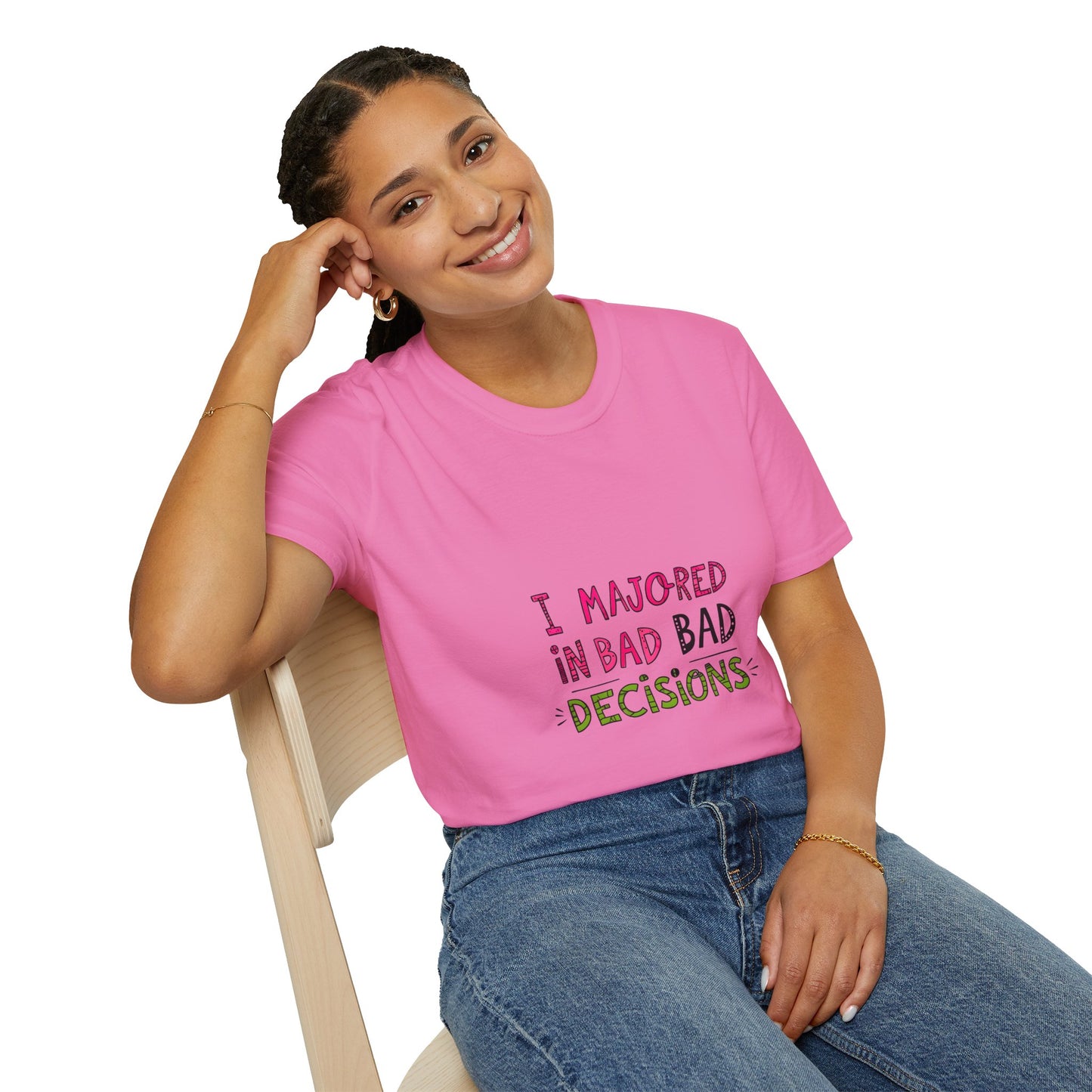 Funny Unisex Softstyle T-Shirt - "I Majored in Bad Decisions"