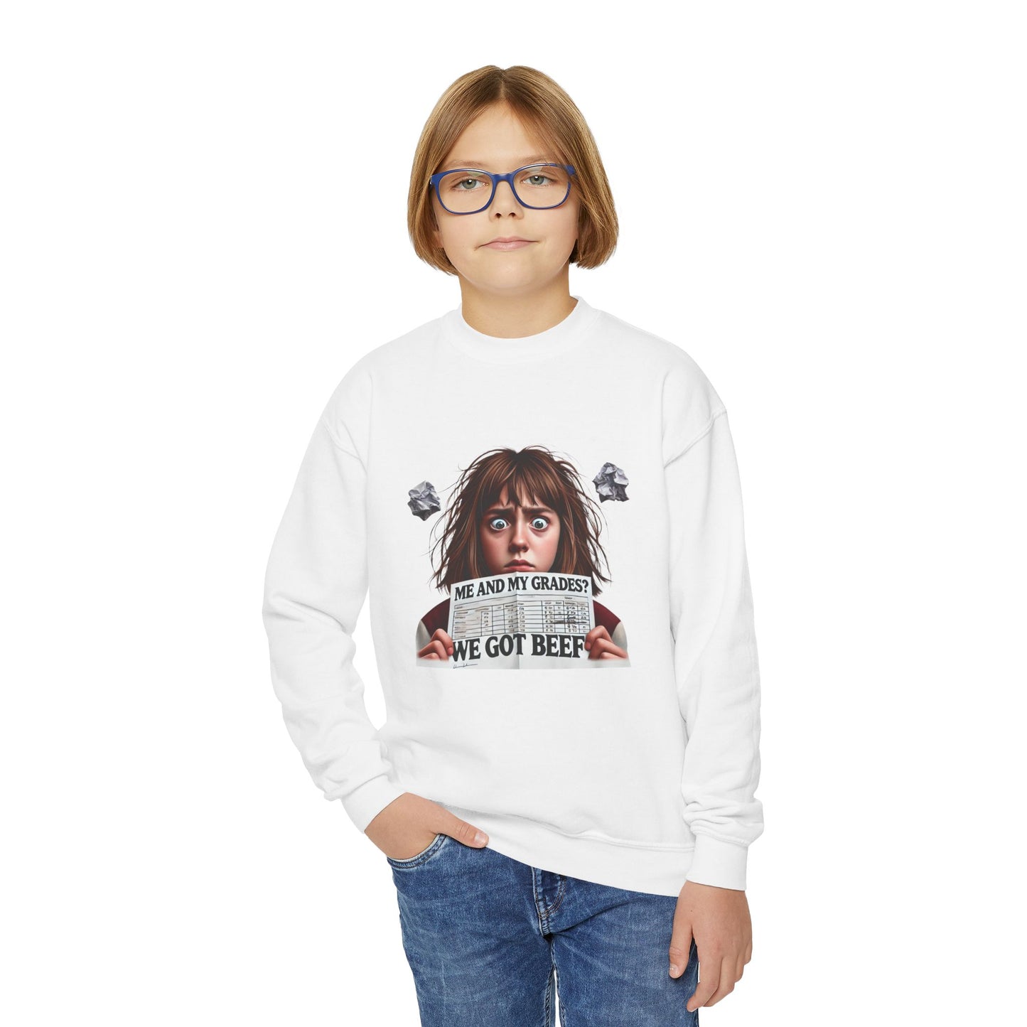 Funny Youth Crewneck Sweatshirt-Me and My Grades We Got Beef! (Design B)