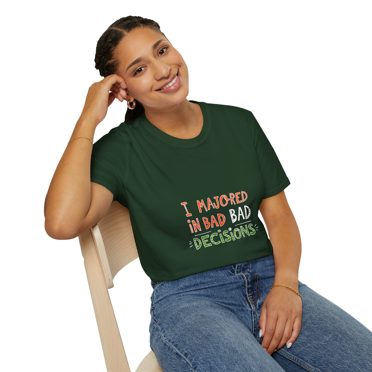 Funny Unisex Softstyle T-Shirt - "I Majored in Bad Decisions"