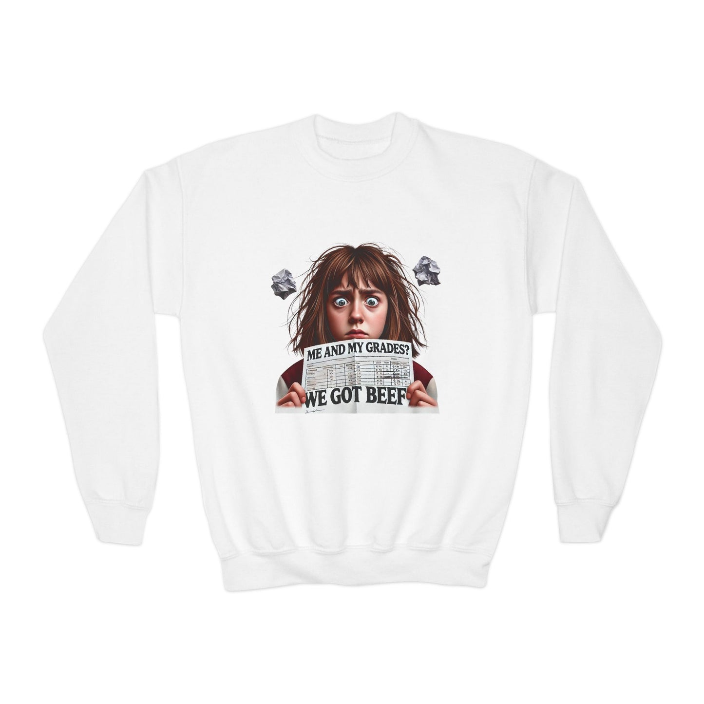 Funny Youth Crewneck Sweatshirt-Me and My Grades We Got Beef! (Design B)